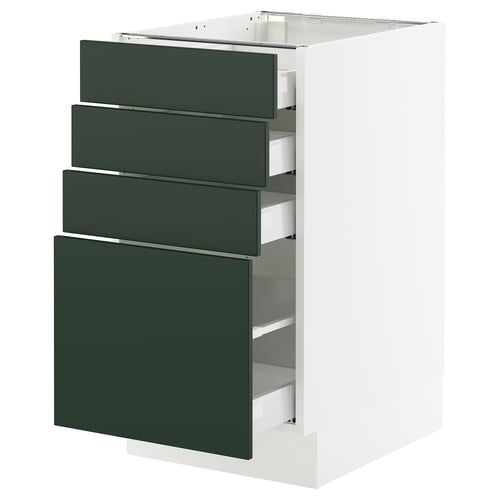Displays a SEKTION kitchen cabinet with green drawers, featuring a modern and sleek design.