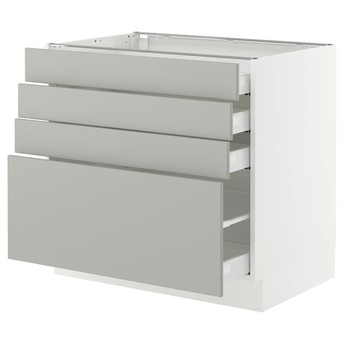 A white modern kitchen cabinet with four grey drawers. It a sleek, rectangular design and smooth drawer fronts.
