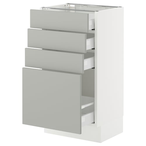 SEKTION kitchen cabinet in light grey with three pull-out drawers and one large door, modern and sleek design.