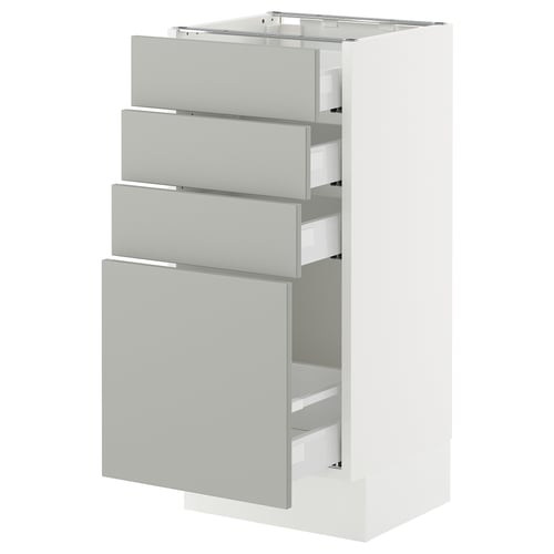 White SEKTION kitchen unit with grey drawers and cabinet.