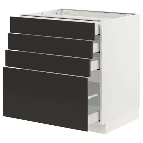 Modern kitchen cabinet with four black drawers, sleek minimalist design, full-extension drawers, sturdy construction.