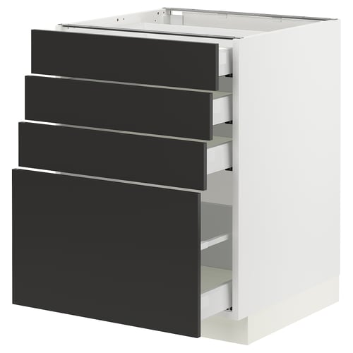 A white SEKTION kitchen cabinet with four black drawers, modern design, and sleek finish.