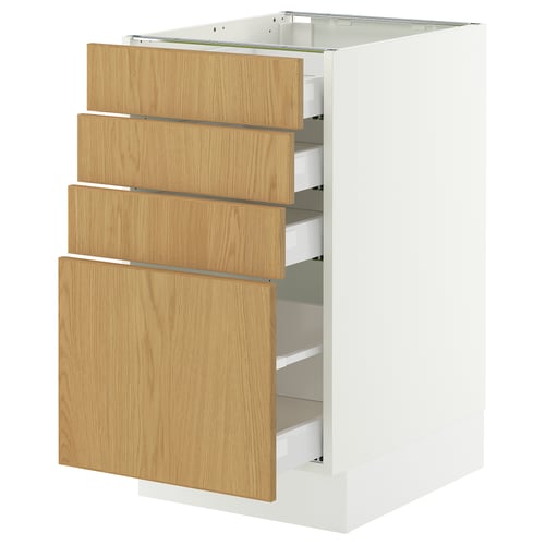 A white SEKTION kitchen cabinet with four oak veneer drawers.