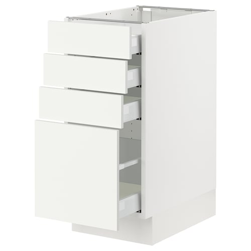 A white SEKTION kitchen cabinet with multiple drawers. It a sleek, modern design with smooth surfaces and metallic drawer handles.