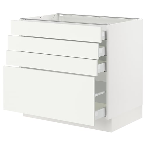 Modern white kitchen cabinet with multiple drawers and sleek design.