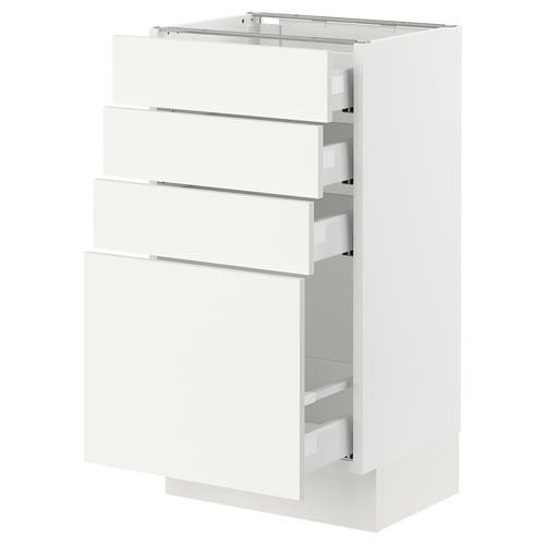 White SEKTION kitchen cabinet with three drawers and one door.