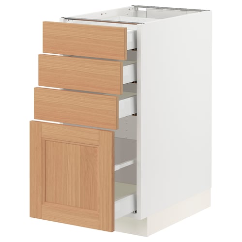 Ikea SEKTION kitchen cabinet in white with oak drawers.