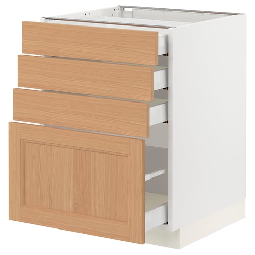 An ikea SEKTION kitchen cabinet with a white frame and wooden drawers. It has a modern design with four drawers in natural oak.