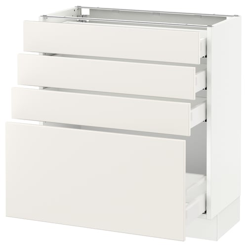 A white SEKTION kitchen cabinet with multiple drawers, modern and minimalist design with smooth surfaces.