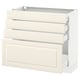 A white SEKTION kitchen cabinet with three drawers and a pull-out tray. It a classic, off-white design with bevelled edges.