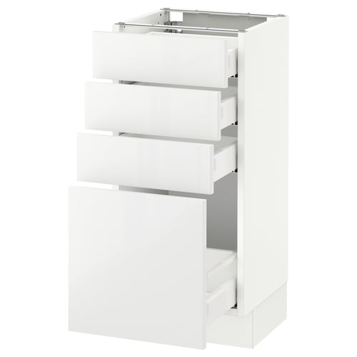 A white SEKTION kitchen cabinet with four pull-out drawers, sleek and modern, high gloss finish.