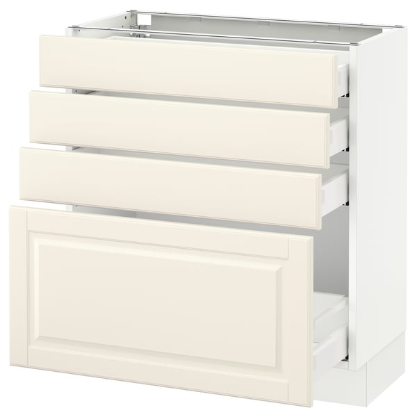 An off-white SEKTION kitchen cabinet with multiple drawers. Its sleek, modern, and bevelled edges.
