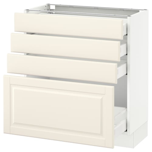 An off-white SEKTION kitchen cabinet with multiple drawers. Its sleek, modern, and bevelled edges.