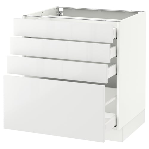 White high-gloss kitchen cabinet with four drawers, sleek modern design.