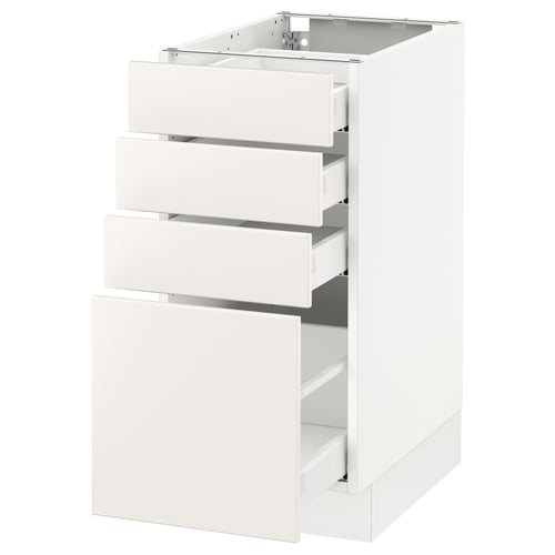 White SEKTION kitchen cabinet with four drawers, glossy finish, smooth edges.