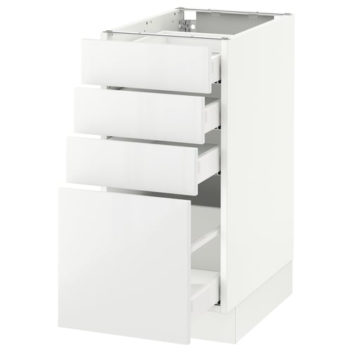 SEKTION kitchen unit in white with glossy finish, rectangular shape, and three open drawers made of particleboard.