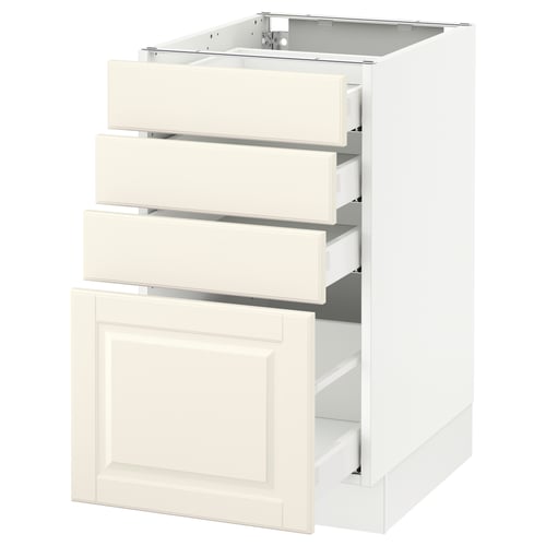 SEKTION kitchen cabinet in off-white with three open drawers and one closed door, crafted from engineered wood.