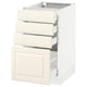 SEKTION kitchen cabinet in off-white with three open drawers and one closed door, crafted from engineered wood.