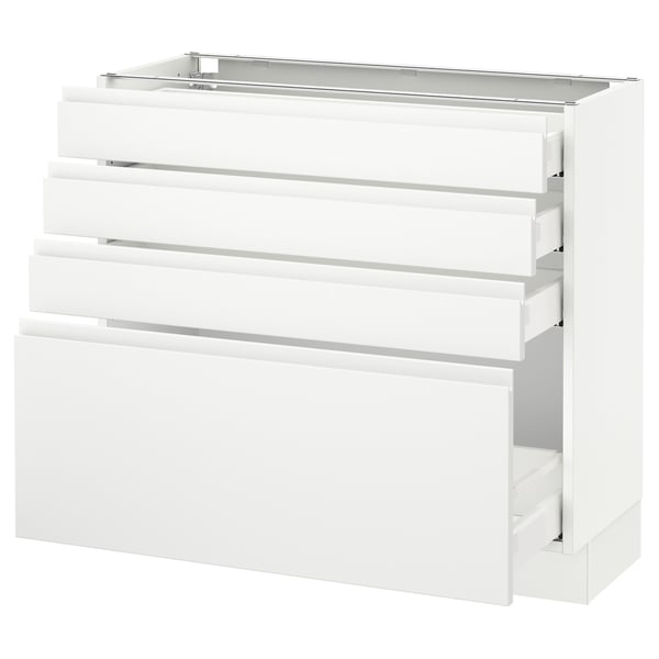 Modern white kitchen unit, sleek minimalist design with multiple pull-out drawers, durable fiberboard and particleboard construction.