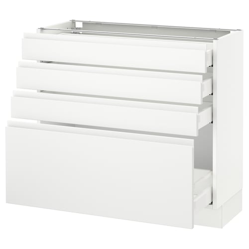 Modern white kitchen unit, sleek minimalist design with multiple pull-out drawers, durable fiberboard and particleboard construction.