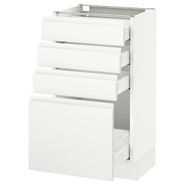 Ikea SEKTION white kitchen cabinet with four drawers, sleek minimalist design.