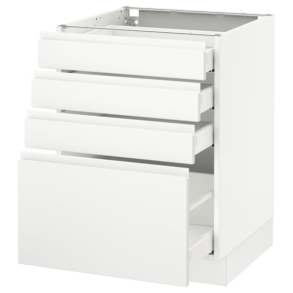 SEKTION white kitchen cabinet, glossy finish, four deep drawers, sleek handle-less design.