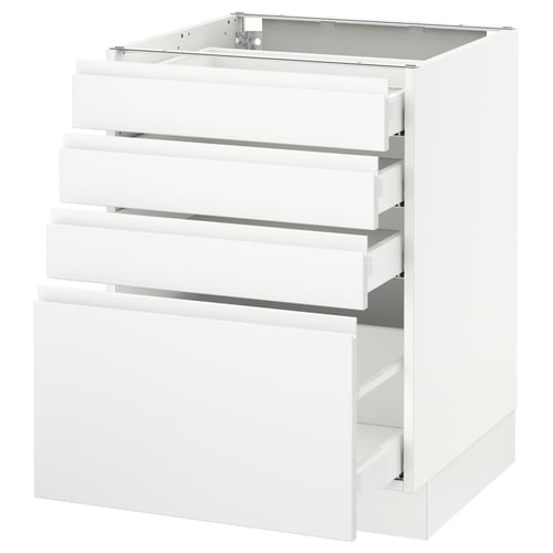 SEKTION white kitchen cabinet, glossy finish, four deep drawers, sleek handle-less design.
