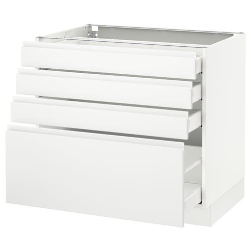 Modern white kitchen cabinet with sleek, handle-less drawers in minimalist design.