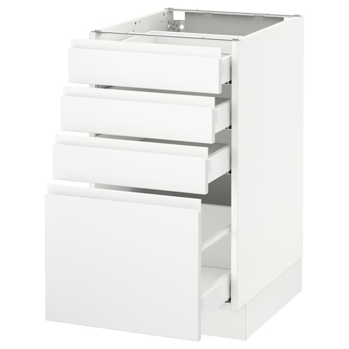 Modern white kitchen cabinet with four integrated handle drawers.