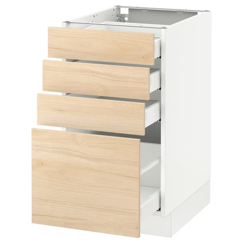 An ikea SEKTION kitchen cabinet with four light ash wood drawers. White frame, clean design.