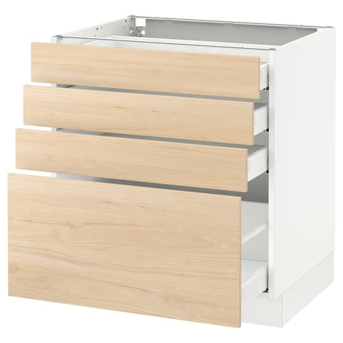 Modern white kitchen cabinet with three light ash wood drawers.