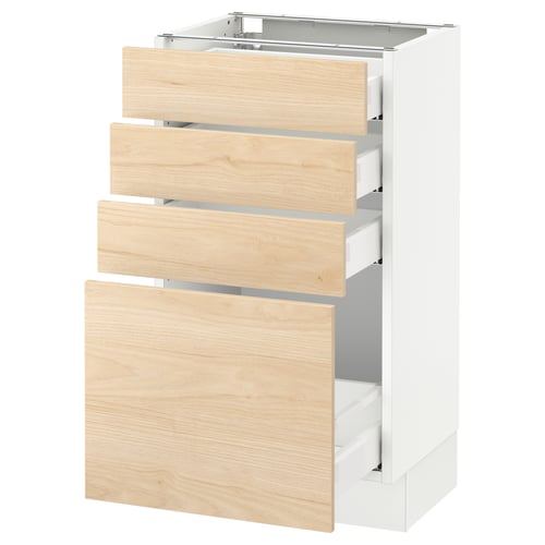 Ikea SEKTION kitchen unit, white with light ash drawers, three medium and one large, natural wood finish, rectangular shaped, modern design.