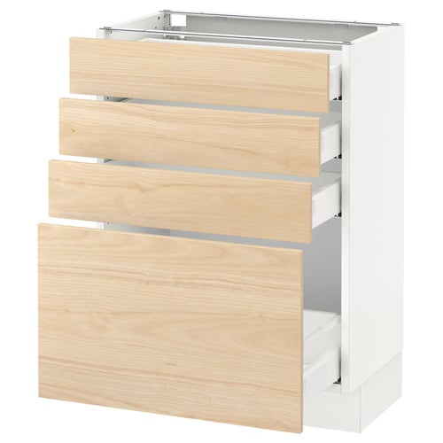 White ikea SEKTION kitchen cabinet with wood drawers, one drawer slightly open.
