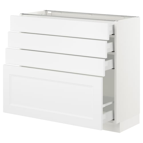 A white SEKTION kitchen cabinet unit by ikea with multiple drawers and shelves.