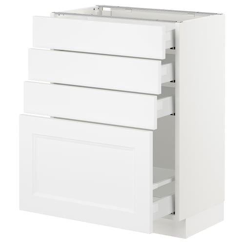 Ikea SEKTION white kitchen cabinet with three open drawers and one closed door, modern and minimalist design.