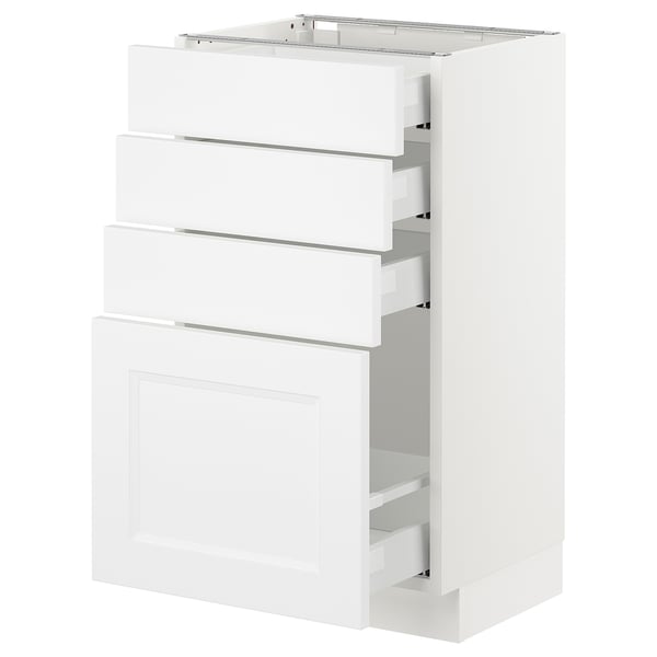 White SEKTION kitchen cabinet with three drawers and one door, in modern classic design.