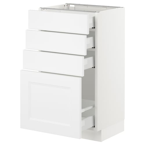 White SEKTION kitchen cabinet with three drawers and one door, in modern classic design.