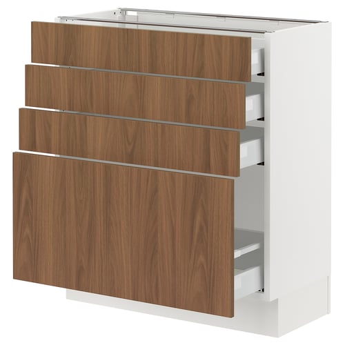 Depicts an ikea SEKTION kitchen cabinet with four wooden drawers and a white frame, combining walnut and white elements.
