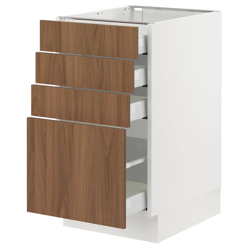 A white SEKTION kitchen base cabinet with four wooden drawers, offering a modern walnut look.