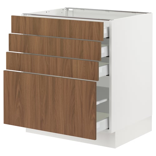 An ikea SEKTION kitchen cabinet with four wooden drawers in a walnut finish. The cabinet is white and has a modern design.