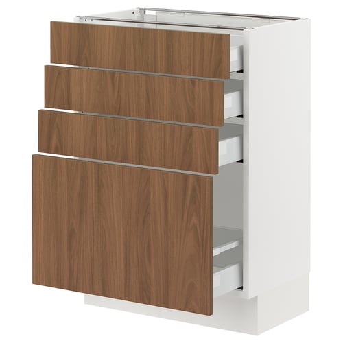 SEKTION kitchen cabinet in clean white and walnut finish, featuring multiple wooden drawers with metallic handles.