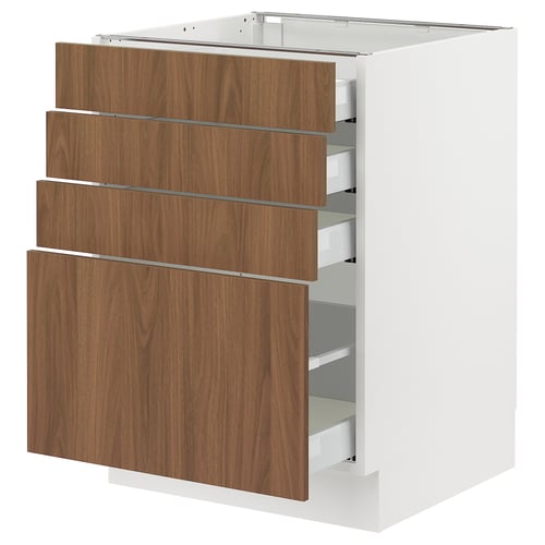 A white SEKTION kitchen cabinet with four brown wooden drawers. The drawers have a smooth surface and simple design.