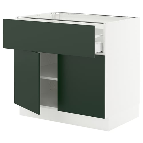 SEKTION kitchen unit, dark green, white top, two shelves, one drawer, modern design.