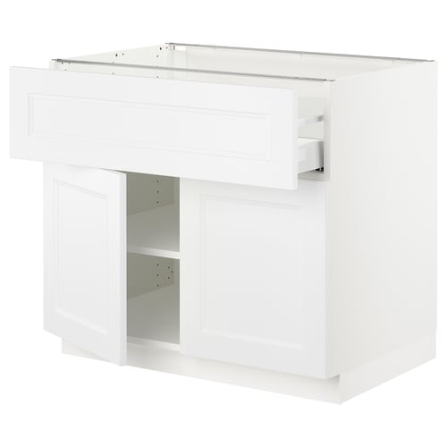 Modern white kitchen cabinet with one open shelf and smooth drawers, featuring minimalist design and sturdy construction.