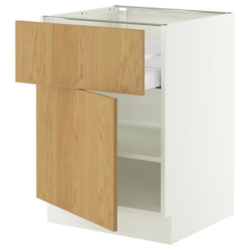 SEKTION cabinet in white and light wood; an open drawer and two shelves. Modern design with a natural wood finish.