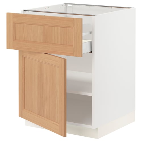 SEKTION kitchen cabinet with oak drawer and door, white frame.