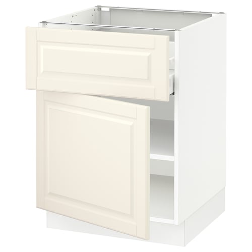 A white ikea SEKTION kitchen base cabinet with a bevelled drawer and door. It has a classic, rectangular design with a 25-year guarantee.