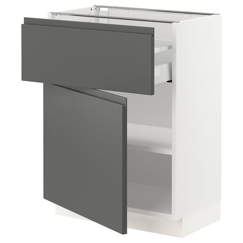 Modern grey kitchen cabinet with integrated handles and white frame, open drawer and shelf.