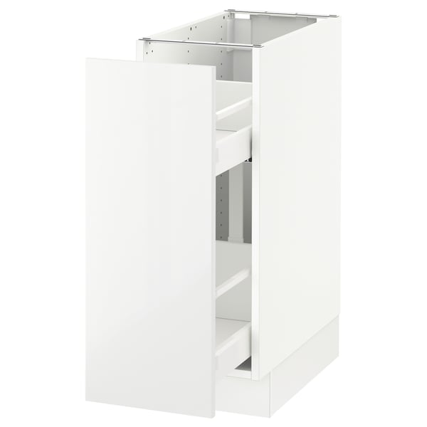 A white SEKTION kitchen cabinet with a sleek, modern design and high gloss finish. It a sturdy frame and a pull-out drawer for easy access.