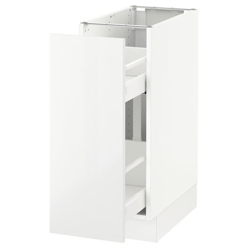 A white SEKTION kitchen cabinet with a sleek, modern design and high gloss finish. It a sturdy frame and a pull-out drawer for easy access.